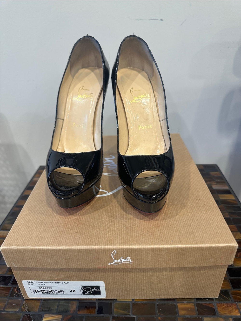 Christian Louboutin Black Patent Peep-Toe Platform Heels